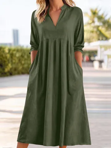 Women Casual Cotton Linen Midi Dress Elegant V-Neck Short Sleeve Loose Fit Solid Color Summer Beach Dress With Pockets