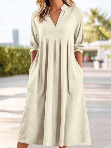 Women Casual Cotton Linen Midi Dress Elegant V-Neck Short Sleeve Loose Fit Solid Color Summer Beach Dress With Pockets