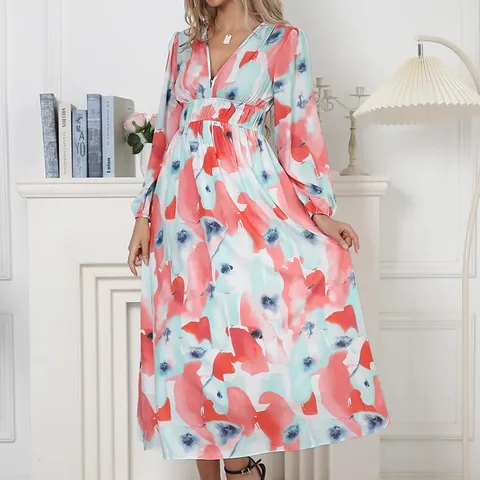 Bohemian V-Neck Printed High Waist Long Sleeve Maxi Dress For Women Casual Vacation Flowy A-Line Polyester Long Dress