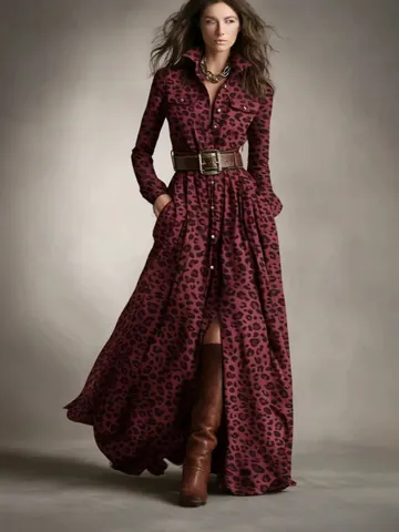 Robe Longue Maxi à Carreaux et Léopard pour Femmes Rétro Français Manches Longues Col Chemise Ourlet Irrégulier Robe Amincissante Avec Ceinture
