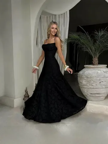 Robe Maxi Sexy pour Femmes avec Col Bénitier et Fines Bretelles Élégante Florale Texturée Sans Manches Dos Nu pour Soirée Club