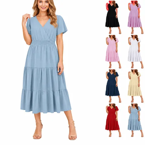 Robe Longue à Étages Manches Bouffantes Col en V pour Femmes Couleur Unie Manches Courtes Robe Élégante Bohème de Plage Été