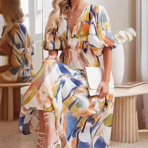 Women's Bohemian Floral Midi Dress V-Neck Puff Sleeve Smocked Waist Tiered A-Line Summer Beach Dress Casual Flowy Top And Bottom