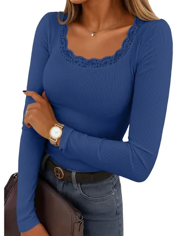 Women's Y2K Elegant Solid Color Lace Patchwork Square Neck Knit T-Shirt Slim Fit Long Sleeve Casual Comfortable Top