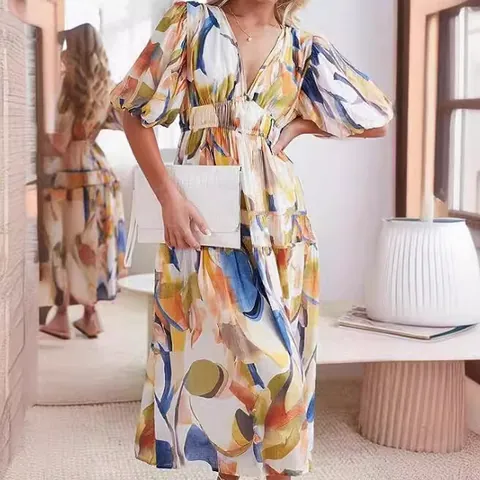 Women's Bohemian Floral Midi Dress V-Neck Puff Sleeve Smocked Waist Tiered A-Line Summer Beach Dress Casual Flowy Top And Bottom