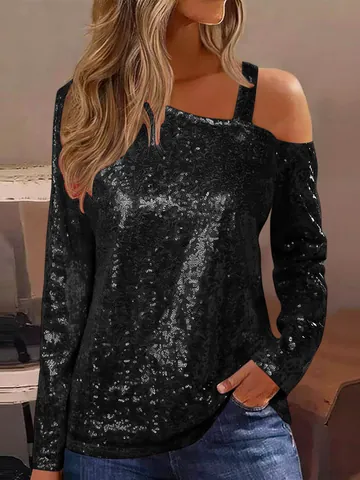 Women Sequin Polyester T-Shirt Cold Shoulder Slant Neck Long Sleeve Top For Nightclub Party Elegant Patchwork Sequin Top