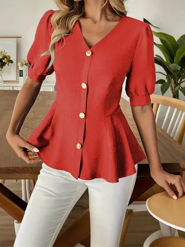 Women V-Neck Puff Sleeve Peplum Blouse Solid Color Slim Fit Button Down Summer Shirt Elegant Commuter Top Polyester