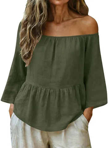 Women Elegant Off-Shoulder Cotton Linen Top Solid Color Ruffle Hem Long Sleeve Casual T-Shirt Summer Comfortable Blouse
