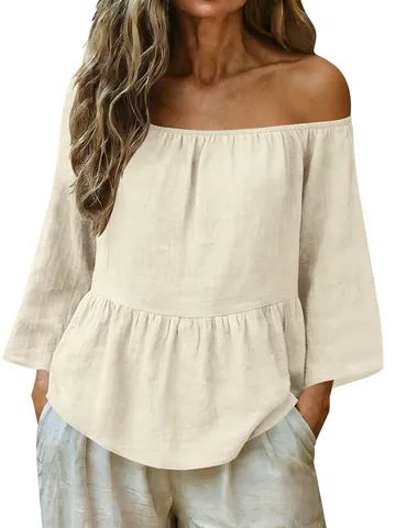 Women Elegant Off-Shoulder Cotton Linen Top Solid Color Ruffle Hem Long Sleeve Casual T-Shirt Summer Comfortable Blouse
