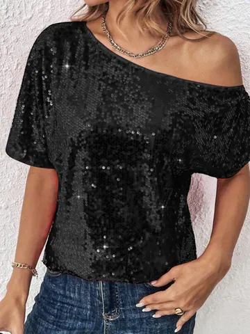 T-Shirt à Paillettes Grandes Tailles pour Femmes Épaule Dénudée Top Ample Décontracté en Polyester à Manches Courtes Double Couche Glitter Party Tee