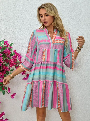 Abito Midi da Donna Boho con Stampa Floreale Geometrica Scollo a V Maniche a 3/4 Balze a Strati Vestito Casual da Vacanza