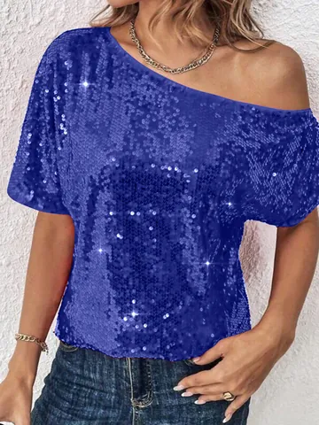 T-Shirt à Paillettes Grandes Tailles pour Femmes Épaule Dénudée Top Ample Décontracté en Polyester à Manches Courtes Double Couche Glitter Party Tee