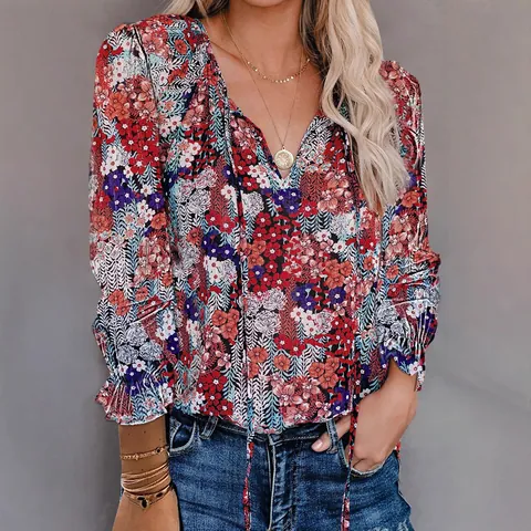 Women Floral Printed V-Neck Tie-Up Blouse Elegant Long Sleeve Polyester Spandex Commuter Top Casual Autumn T-Shirt