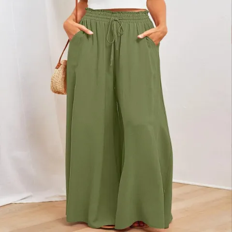 Dames Hoge Taille Broek Met Wijde Pijpen Polyester Spandex Casual Effen Kleur Losse Lange Broek Met Trekkoord Zakken Zacht Ademend Onderkant