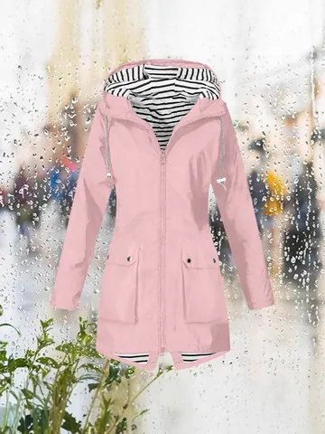 Women Mid-Length Outdoor Hooded Jacket Waterproof Windbreaker Coat With Striped Lining And Large Pockets For Casual Hiking Mountaineering