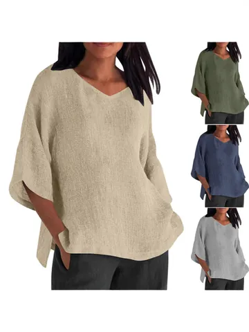 Top Holgado con Cuello en V para Mujer de Ramio y Spandex Camiseta Transpirable de Media Manga Color Sólido Casual con Aberturas Laterales Estilo Intelectual