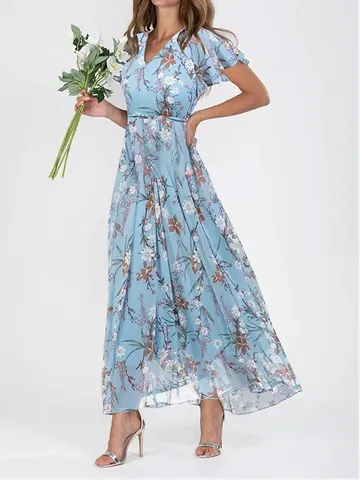 Women Chiffon Floral Print V-Neck Ruffle Short Sleeve High Waist Maxi Dress Elegant Summer Beach Party Swing Dress