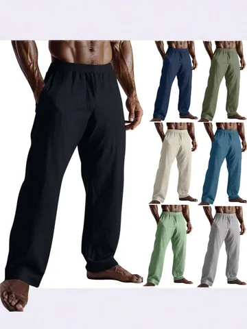 Men's Cotton Linen Casual Pants Loose Fit Straight Leg Breathable Trousers with Pockets British Style Solid Color Bottoms