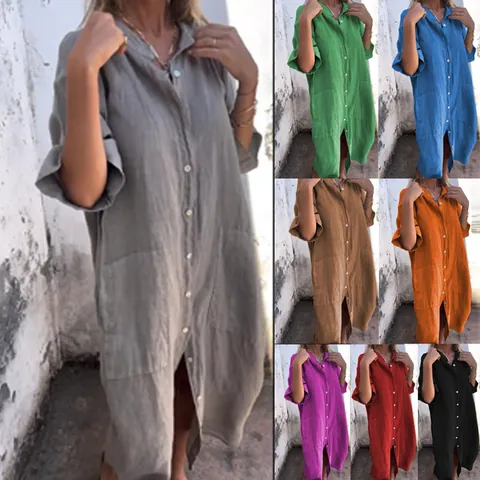 Robe Chemise Décontractée en Coton Lin pour Femmes Coupe Ample Manches Demi Boutonné Robe Midi Avec Poches Couleur Unie Vacances Été