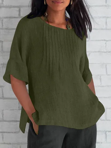 Haut Décontracté pour Femmes Texture Coton et Lin Col Rond Plissé Manches Trois-Quarts Blouse Ample Haut en Polyester
