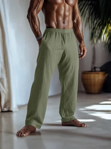 Men's Cotton Linen Casual Pants Loose Fit Straight Leg Breathable Trousers with Pockets British Style Solid Color Bottoms