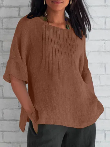 Haut Décontracté pour Femmes Texture Coton et Lin Col Rond Plissé Manches Trois-Quarts Blouse Ample Haut en Polyester