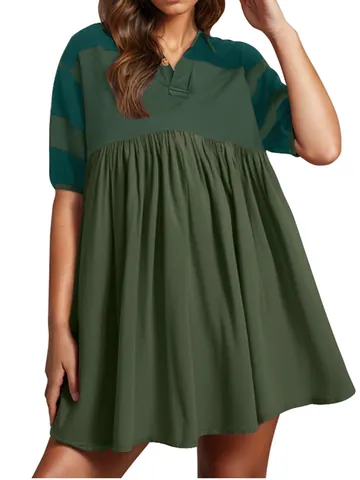 Women European Casual Polyester Spandex Polo Lapel Collar Button Stripe Patchwork Printed Short Sleeve Pleated Midi Dress