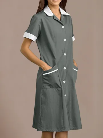 Women's Professional Nursing Uniform Dress Lapel Contrast Color Patchwork Pockets Short Sleeve Cosmetology Spa Medical Scrub Dress