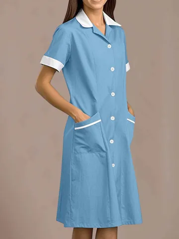 Women's Professional Nursing Uniform Dress Lapel Contrast Color Patchwork Pockets Short Sleeve Cosmetology Spa Medical Scrub Dress