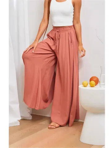 Dames Hoge Taille Broek Met Wijde Pijpen Polyester Spandex Casual Effen Kleur Losse Lange Broek Met Trekkoord Zakken Zacht Ademend Onderkant