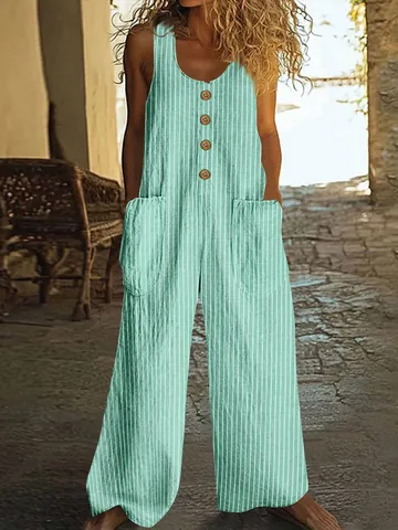 Women Casual Striped Cotton Linen Overalls Button Pocket Loose Jumpsuit Sleeveless Wide Leg Trousers Vacation Boho Romper