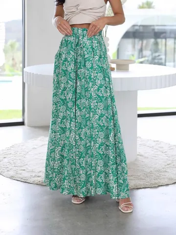 Women Fashion High Waisted Wide Leg Pants Floral Tropical Print Casual Bohemian Beach Trousers Summer Palazzo Pants With Pockets Drawstring Bottom