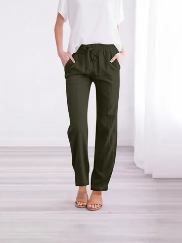 Women Cotton Linen Casual Pants High Waist Drawstring Loose Wide Leg Trousers With Pockets Plus Size Summer Bottom