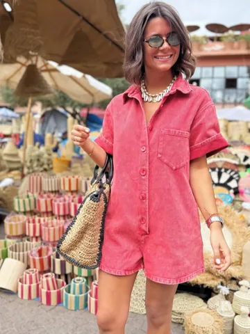 Women Casual Short Sleeve Romper Summer Solid Color Lapel Button Down Jumpsuit With Pockets Cotton Blend Fashion Playsuit