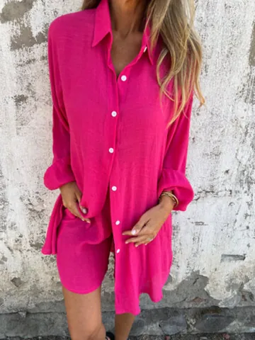 Ensemble Top Et Bottom Femme Décontracté en Coton et Lin Couleur Unie Chemise à Manches Longues Gauffrée et Short