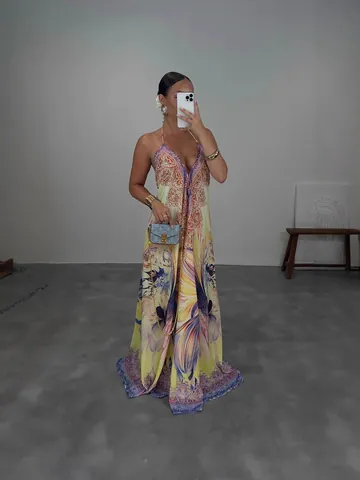 Women's Bohemian Halter V-Neck Sleeveless Maxi Dress Summer Printed Large Swing Beach Vacation Casual Polyester Dress