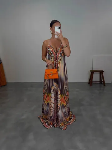 Women's Bohemian Halter V-Neck Sleeveless Maxi Dress Summer Printed Large Swing Beach Vacation Casual Polyester Dress