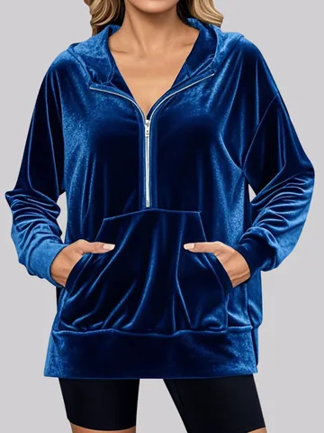 Sweat à Capuche Décontracté en Velours Doré pour Femme Manches Longues Demi-Zip Avec Poche Haut en Velours Automne Hiver