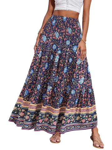 Women's Bohemian Floral Printed Maxi Skirt High Waist Smocked A-Line Tiered Long Beach Skirt Polyester Casual Bottom