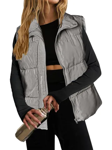 Women Lightweight Padded Vest Stand Collar Sleeveless Winter Warm Zip Up Quilted Waistcoat With Pockets Casual Outerwear Vest