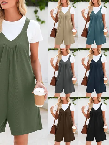 Women Summer Casual V-Neck Sleeveless Jumpsuit Loose Waffle Knit Romper With Pockets Solid Color One Piece Shorts Top And Bottom