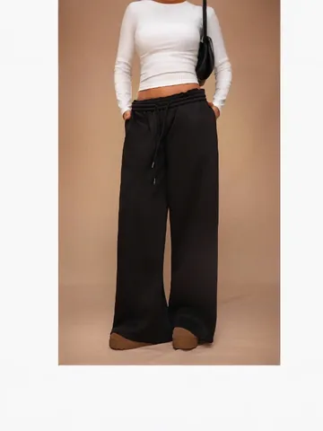 Pantalón de Chándal Casual Holgado de Pata Ancha para Mujer Forro Polar Cintura Elástica Cordón Deportivo Otoño Invierno Cálido