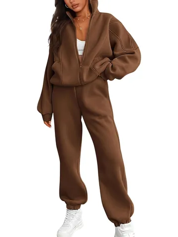 Women's Loose Fleece Two Piece Set Casual Zip Up Hoodie and Joggers Sweatpants Sporty Solid Color Top and Bottom Lounge Set