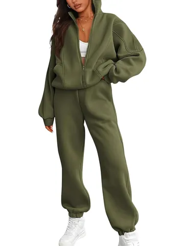 Women's Loose Fleece Two Piece Set Casual Zip Up Hoodie and Joggers Sweatpants Sporty Solid Color Top and Bottom Lounge Set