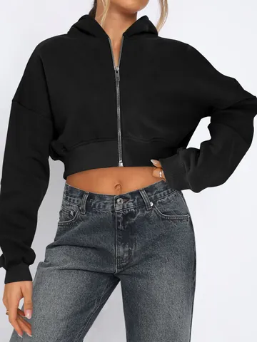Sweat à Capuche Court Zippé Femme Manches Longues Doublé Polaire Sweatshirt Décontracté Veste à Capuche Haut Couleur Unie
