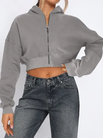 Sweat à Capuche Court Zippé Femme Manches Longues Doublé Polaire Sweatshirt Décontracté Veste à Capuche Haut Couleur Unie