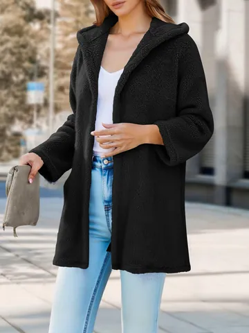Dames Casual Losse Pluche Vest Jas Met Capuchon Polyester Spandex Effen Kleur Halflange Open Fleece Mantel Herfst Winter