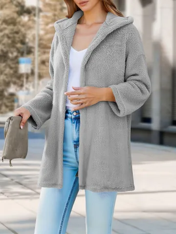 Dames Casual Losse Pluche Vest Jas Met Capuchon Polyester Spandex Effen Kleur Halflange Open Fleece Mantel Herfst Winter