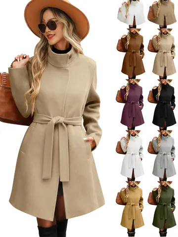 Abrigo de Lana con Cuello Alto Rétro para Mujer de Longitud Media Color Sólido Elegante con Cinturón de Lazo y Botones para Otoño Invierno