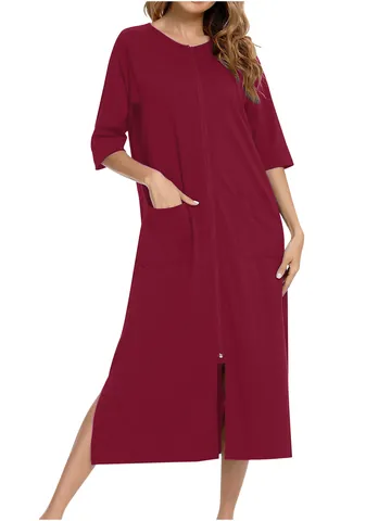 Damen Nachthemd mit Reißverschluss Vorne Stillnachthemd Lässig Große Größen Homewear mit Taschen Seitenschlitz Einfarbig Langes Kleid